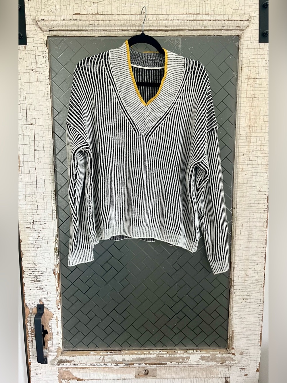 Black & White V-Neck Striped Sweater with Yellow Trim